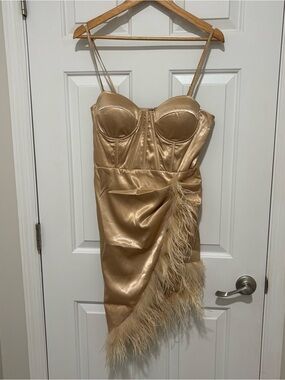 Satin Feather-Trim Mini Corset Dress Champagne Blithe Los Angeles NWT Medium